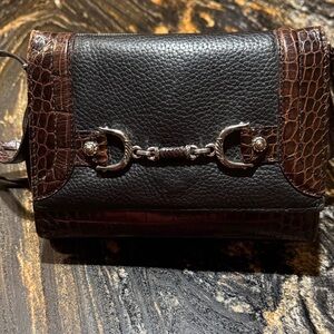 Brighton Black and Dark Brown Leather Crossbody with Silver Bit Detail